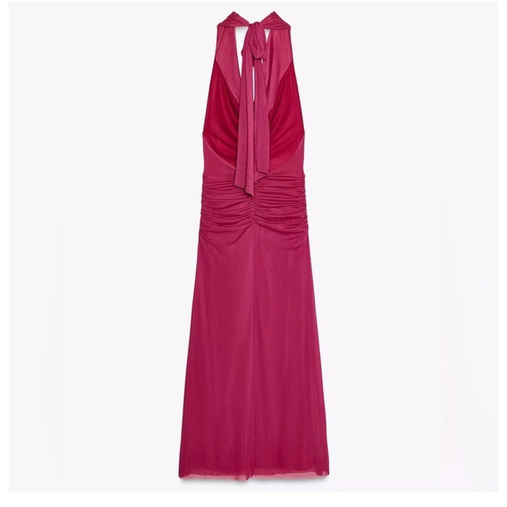 Zara Womens Fuchsia Ruched Mesh Cowl Neck Open Back Midi Dress 5039/369 Size M - Picture 9 of 9